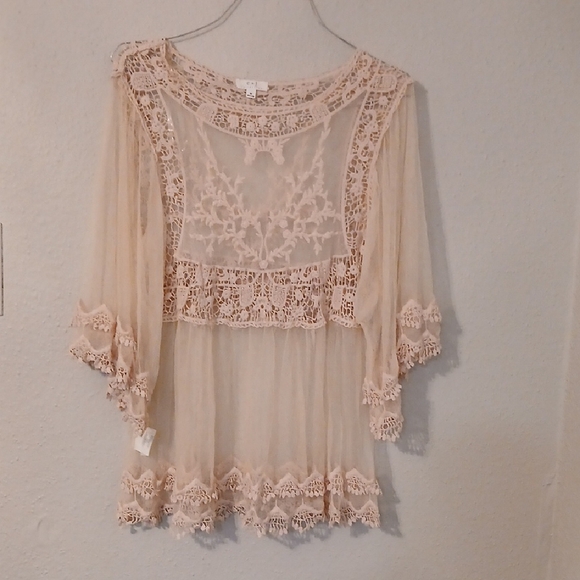 Tan Asymmetrical Ruffled Blouse with Sheer Embellishments - Picture 1 of 11
